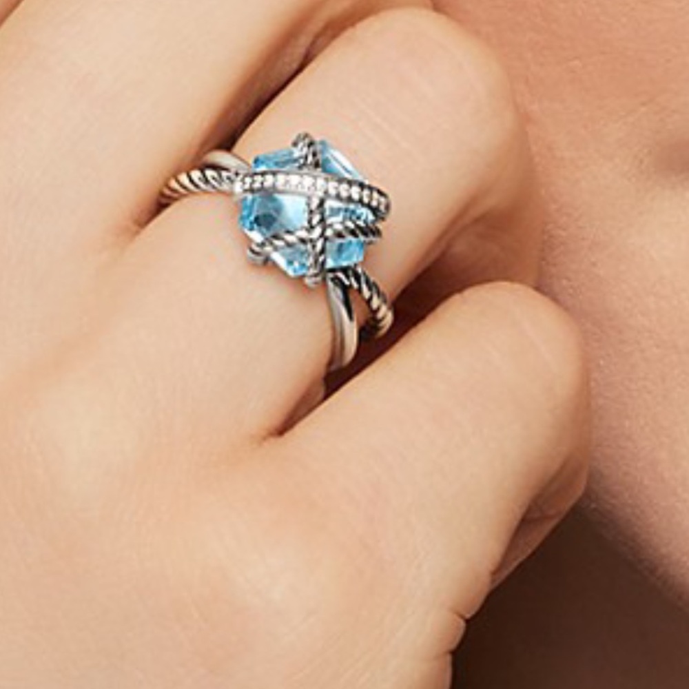 David Yurman Cable sterling silver Wrap ring with blue topaz and diamonds